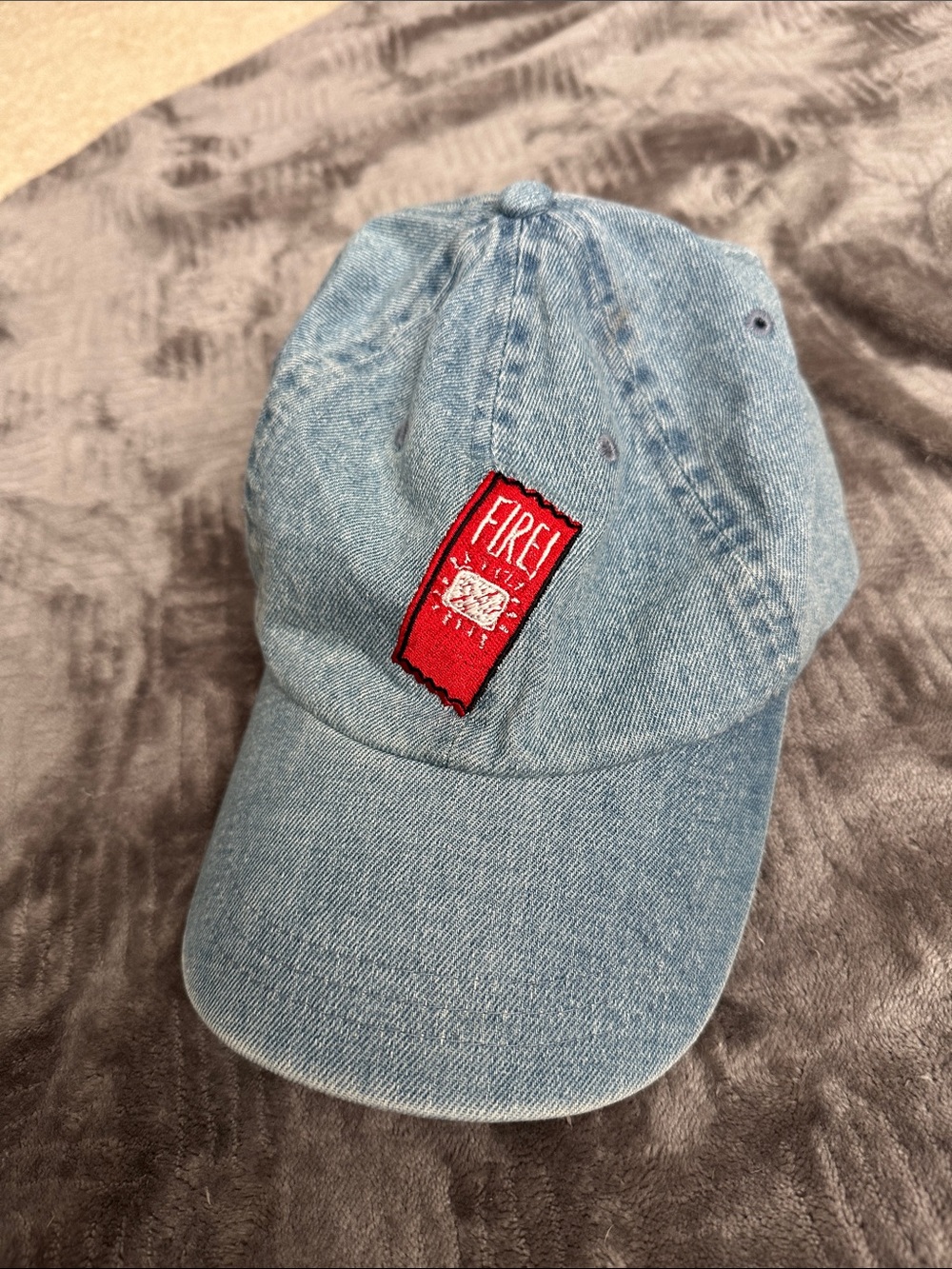 Light Blue Denim Baseball Cap with Red 'FIRE' Patch
